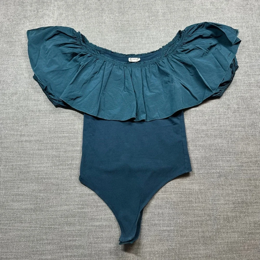 Free People Intimately Bodysuit Women Small Teal Ruffle Off Shoulder